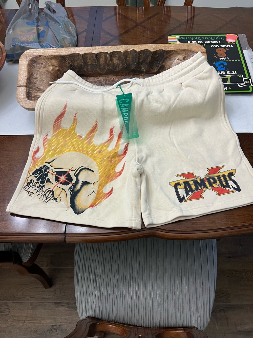 Campus Cream Rhinestone Flame Skull Men's Shorts